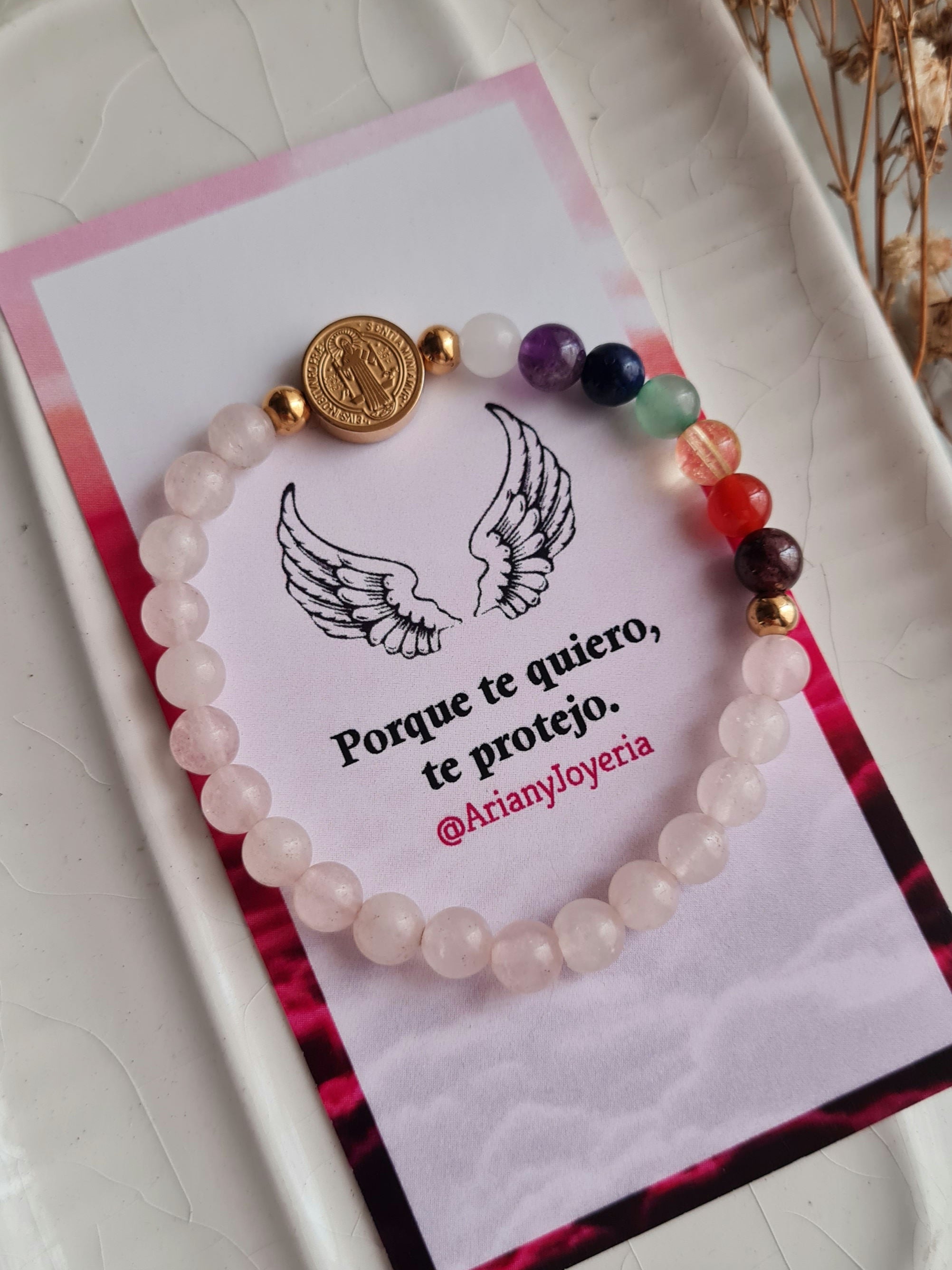 Pulsera San Benito 7 Chakras Cuarzo Rosa - Acero