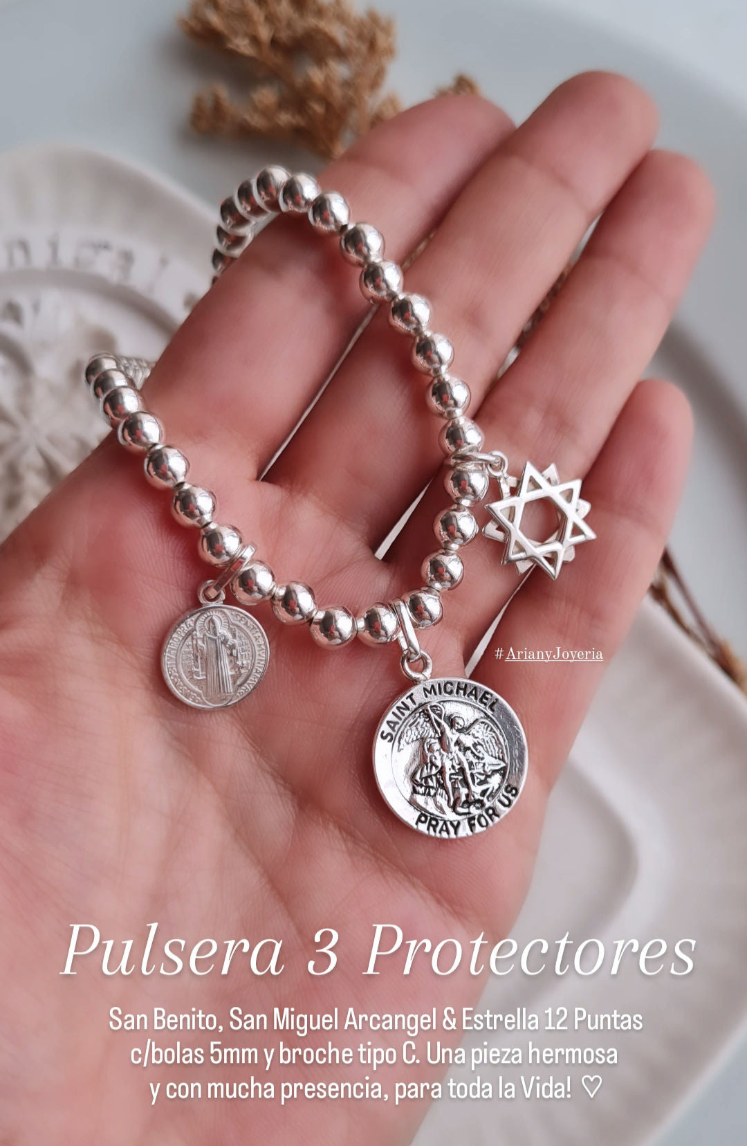 Pulsera 3 Protectores: San Benito, Arcangel Miguel & Estrella 12 Puntas - P950