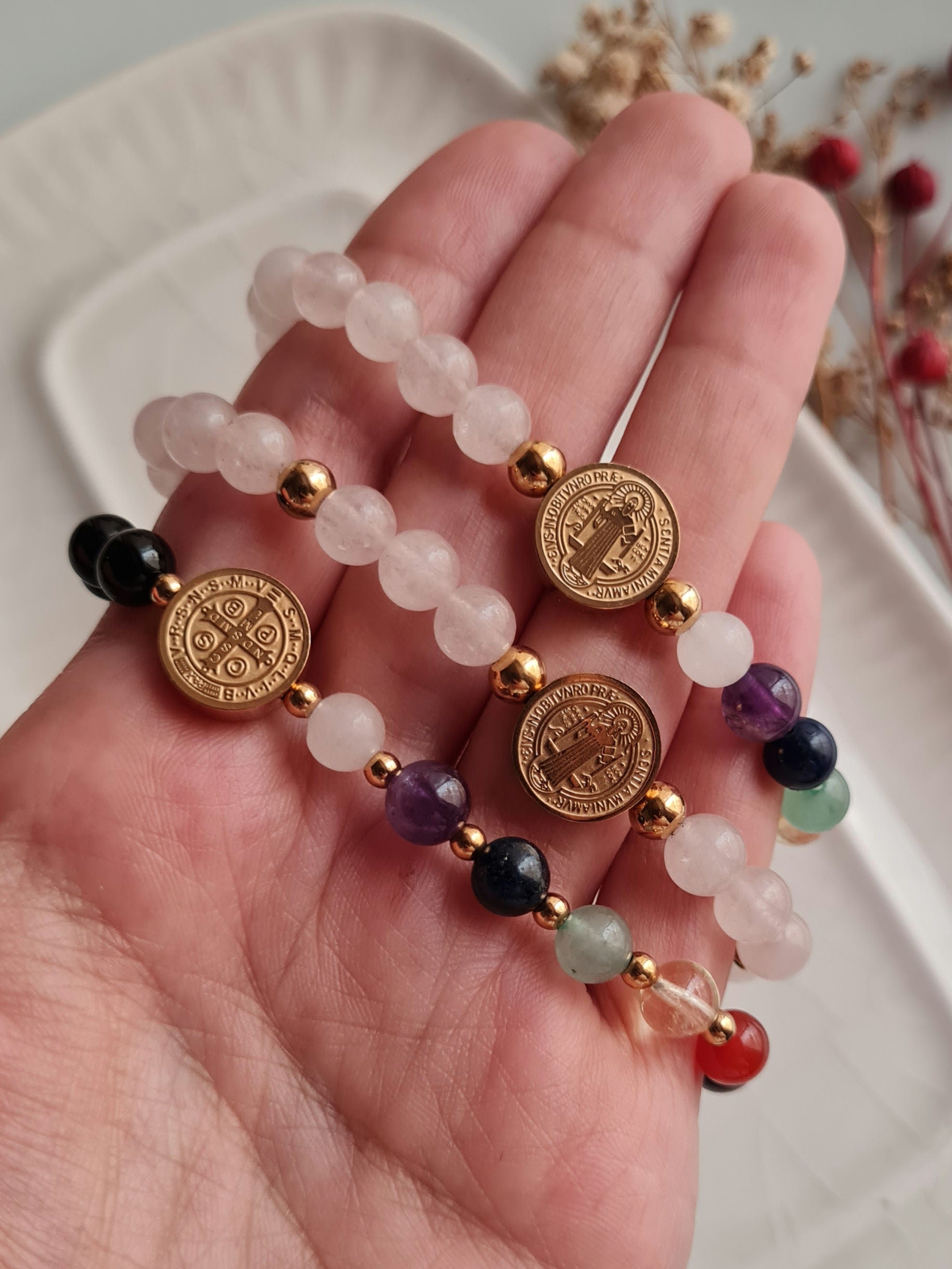 Pulsera San Benito 7 Chakras Cuarzo Rosa - Acero