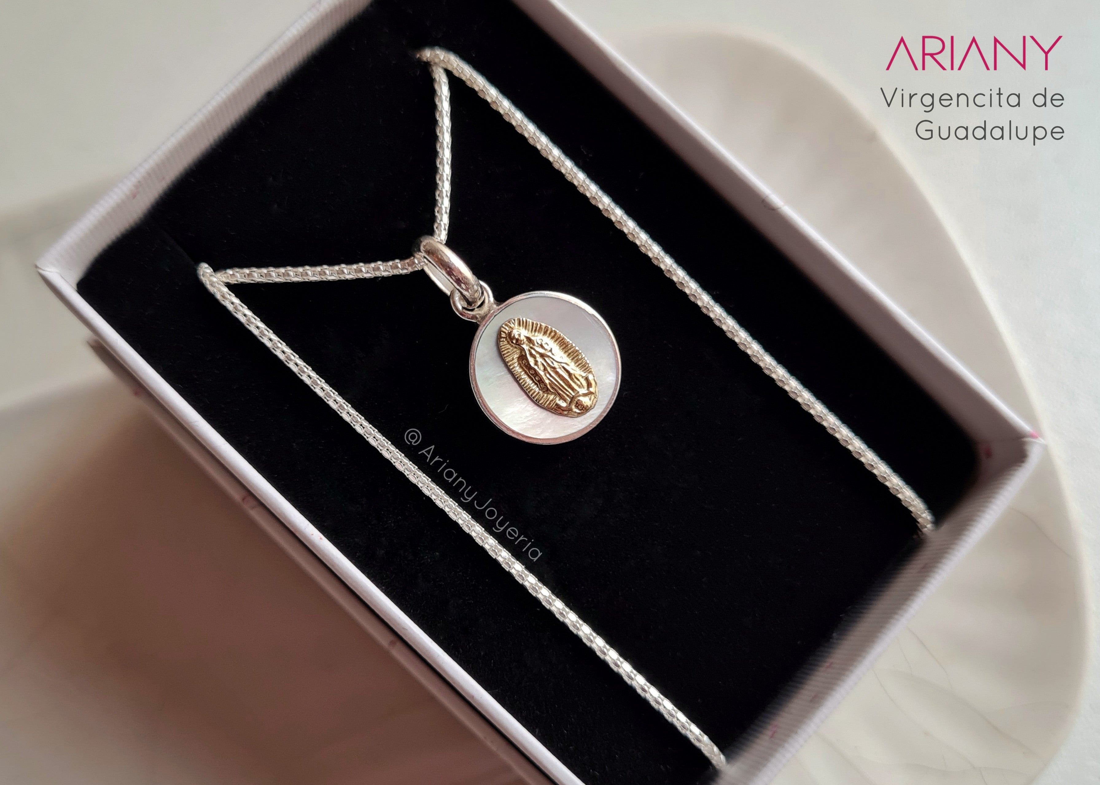 Cadena Angel, Guadalupe, Árbol y Madonna - Nacar, Plata y Oro 18k