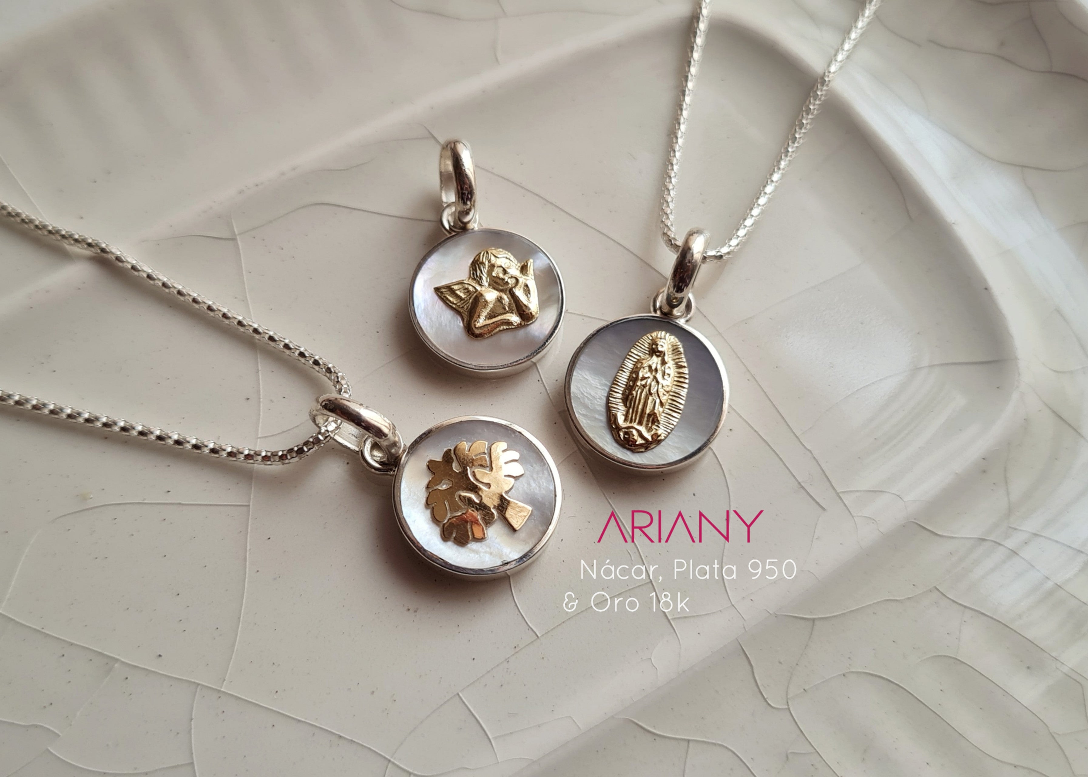 Cadena Angel, Guadalupe, Árbol y Madonna - Nacar, Plata y Oro 18k