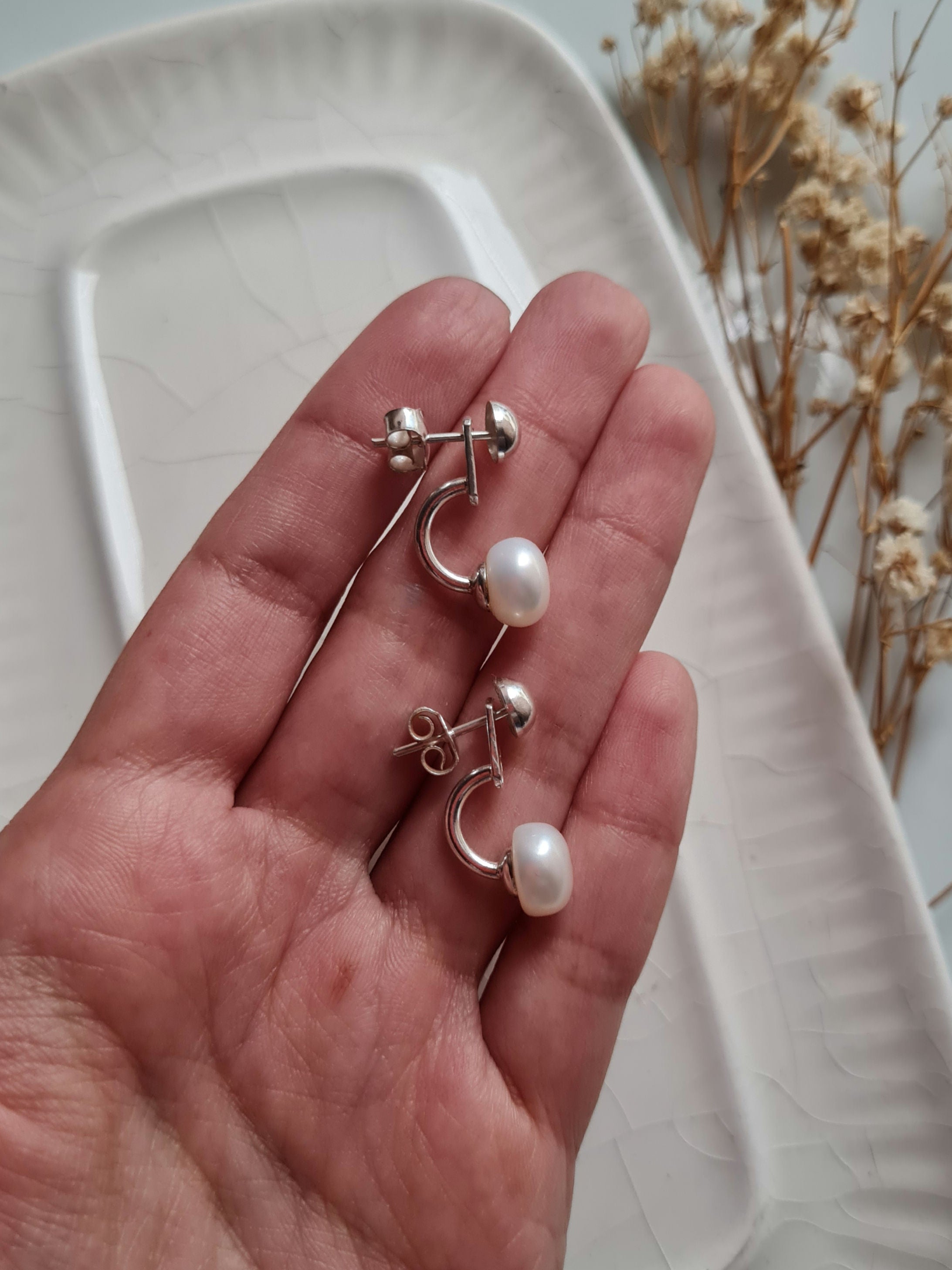 Aretes Perlas & Media Bola - Plata 950