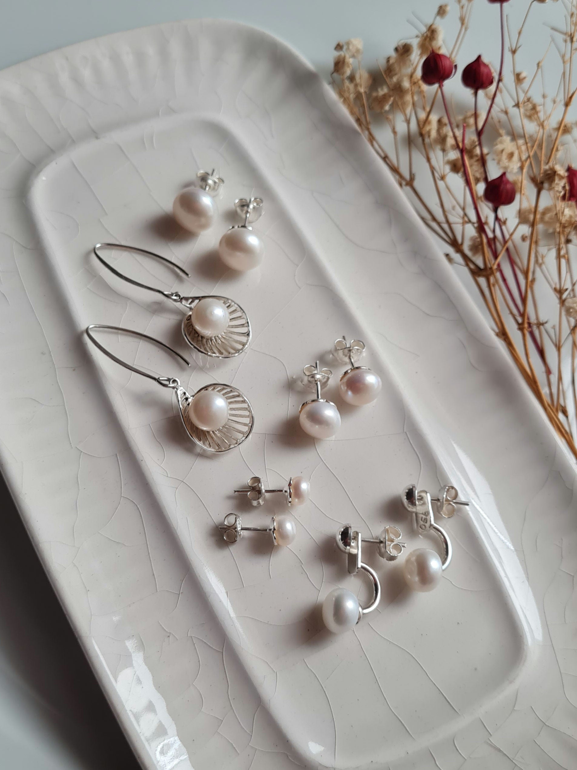 Aretes Perlas & Media Bola - Plata 950