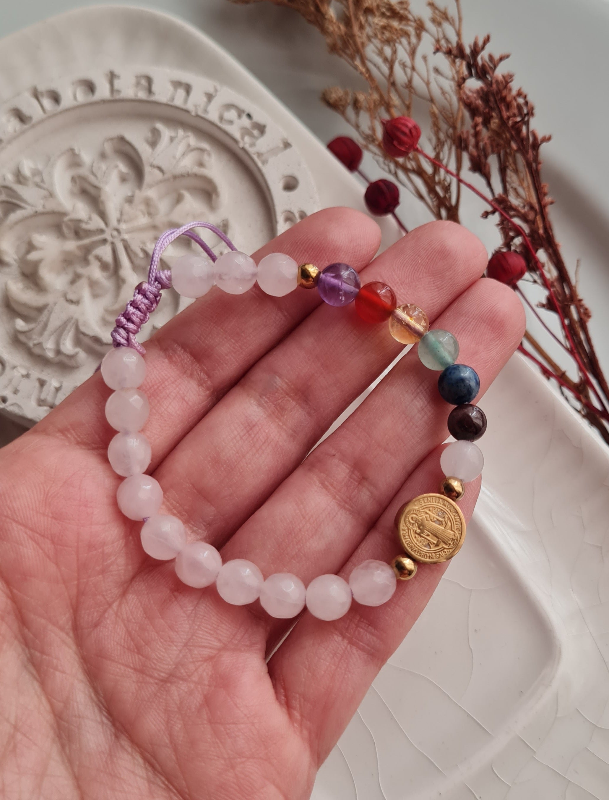 Pulsera San Benito 7 Chakras Cuarzo Rosa - Acero