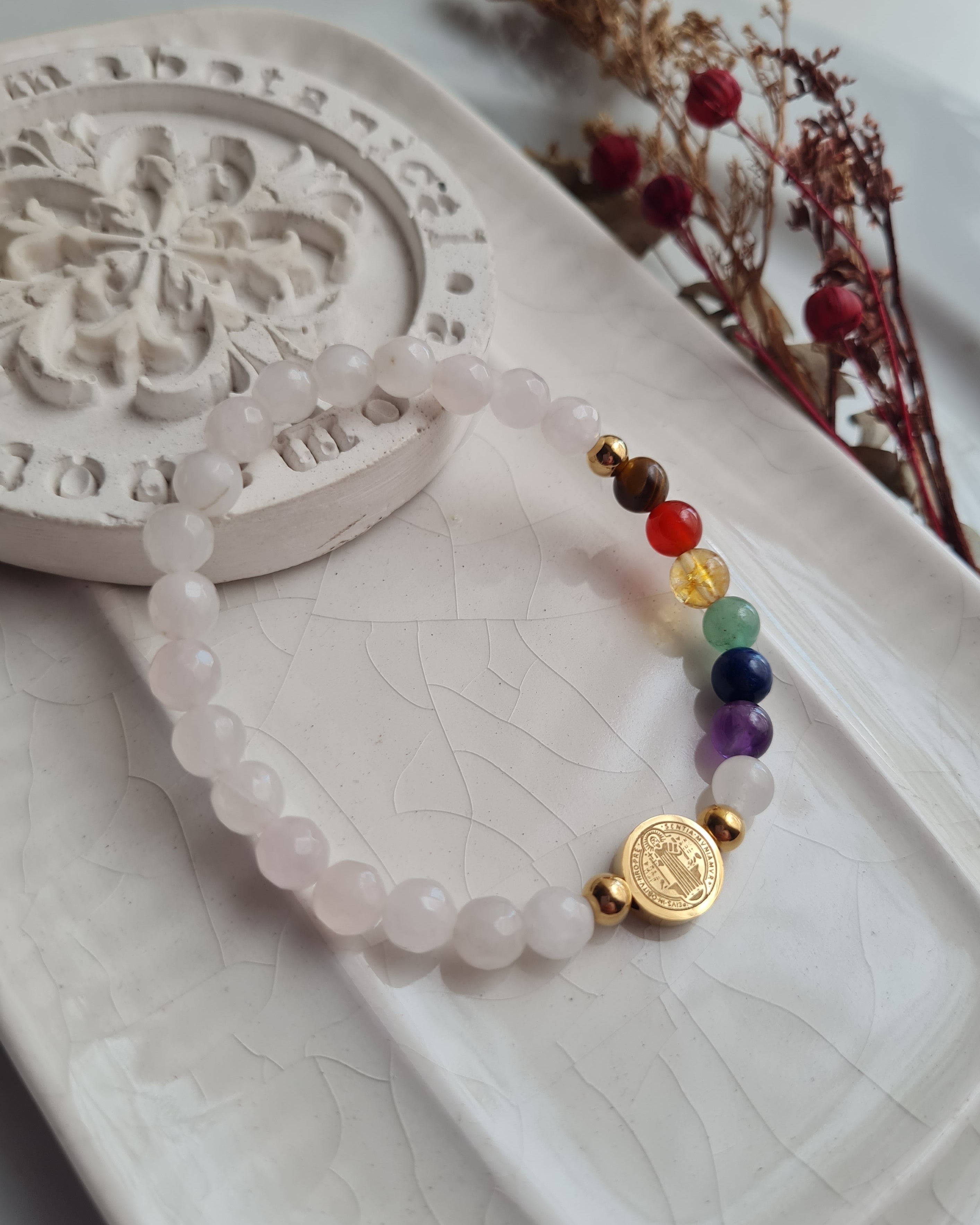 Pulsera San Benito 7 Chakras Cuarzo Rosa - Acero