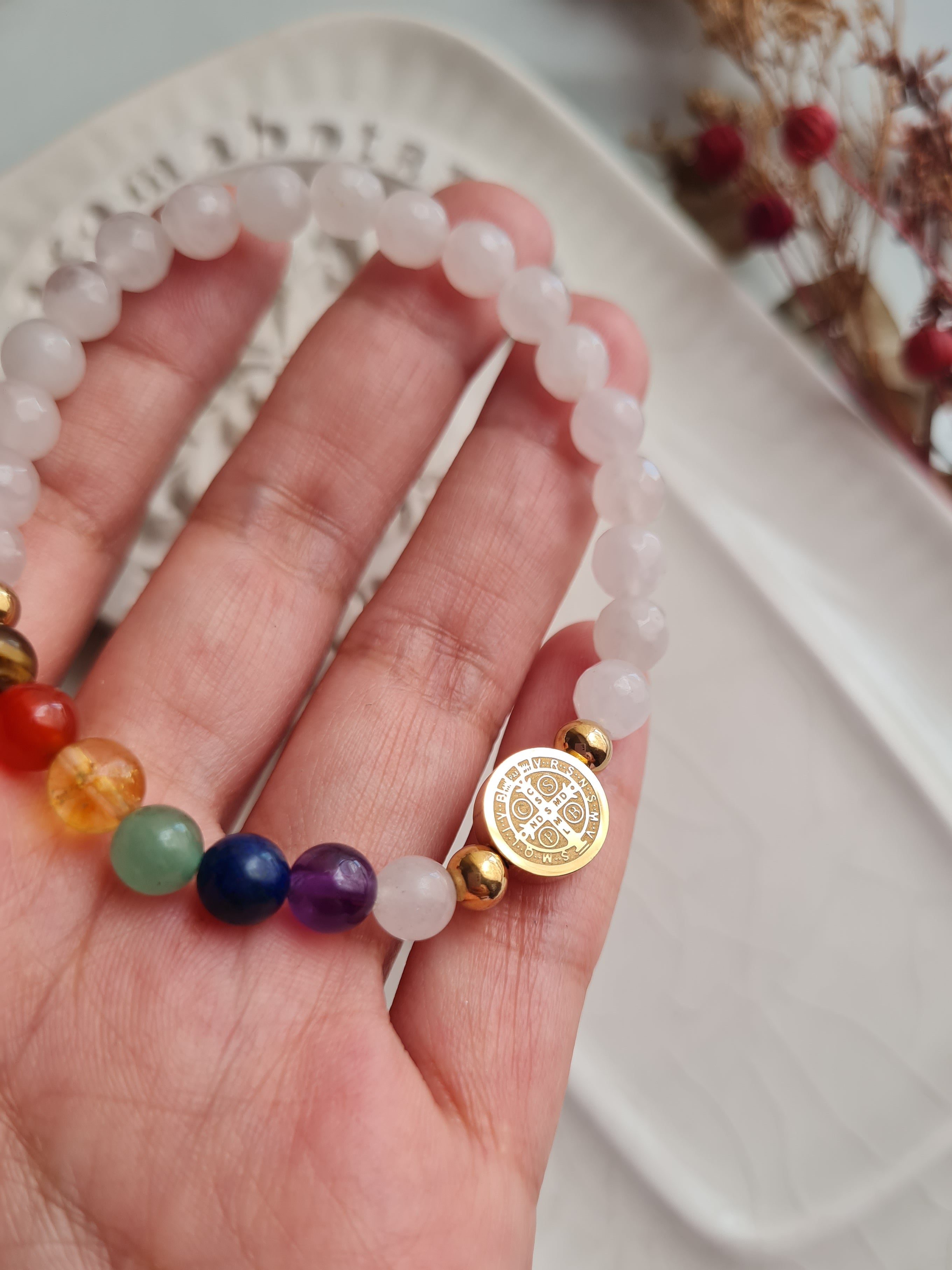 Pulsera San Benito 7 Chakras Cuarzo Rosa - Acero
