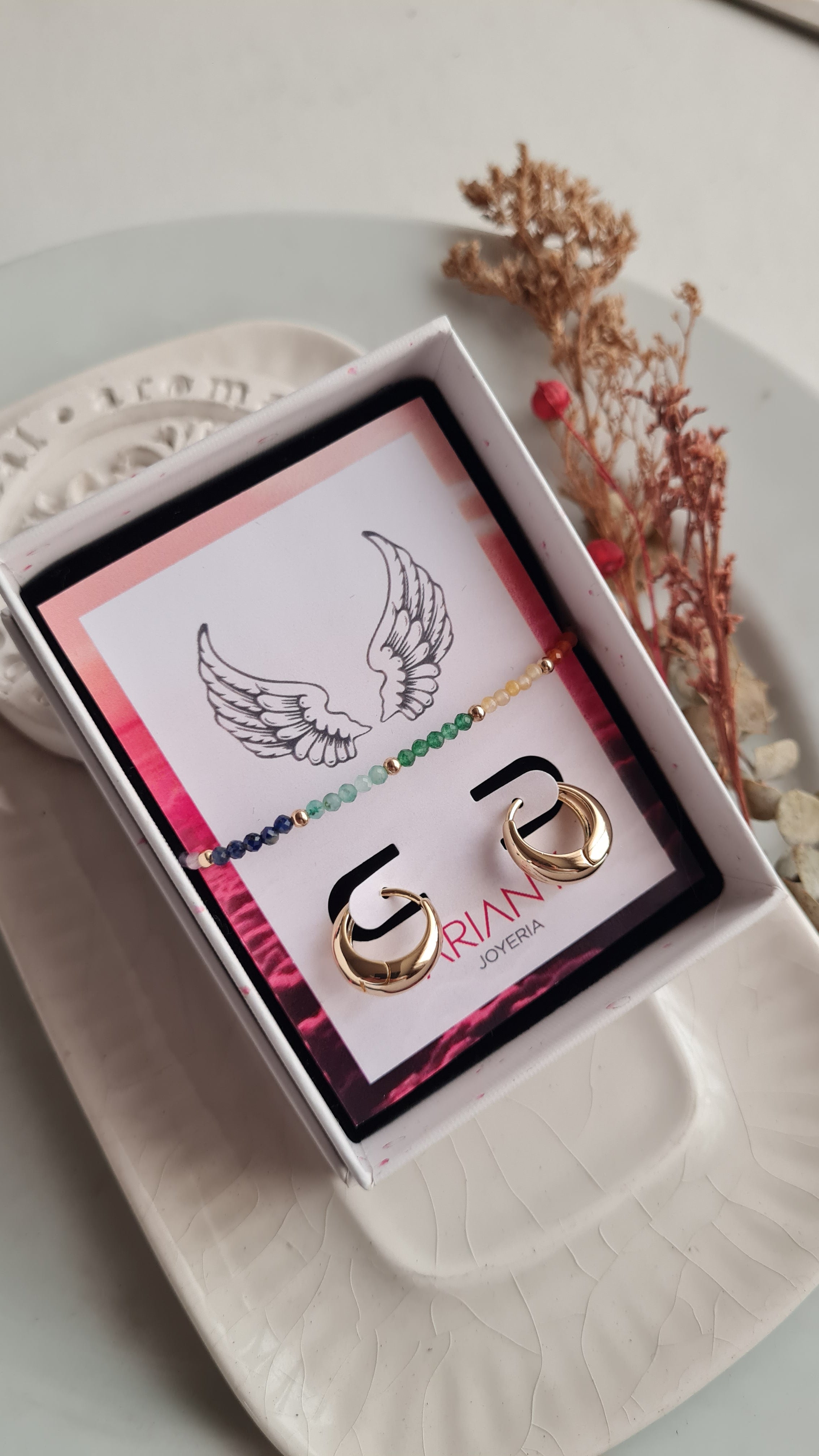 Pack Aretes Golden + Pulsera Piedras Naturales - GF 14k